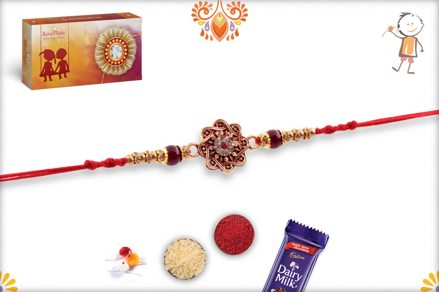 Diamond Chakra Rakhi with Golden Beads | Send Rakhi Gifts Online 2