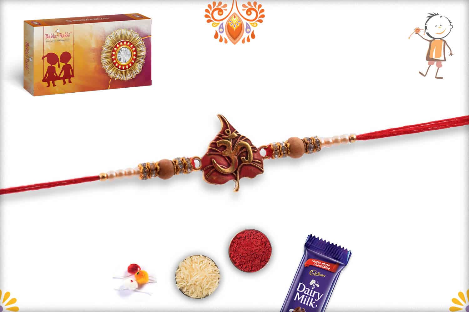 Om with Beautiful Leaf Pearl Rakhi | Send Rakhi Gifts Online 3