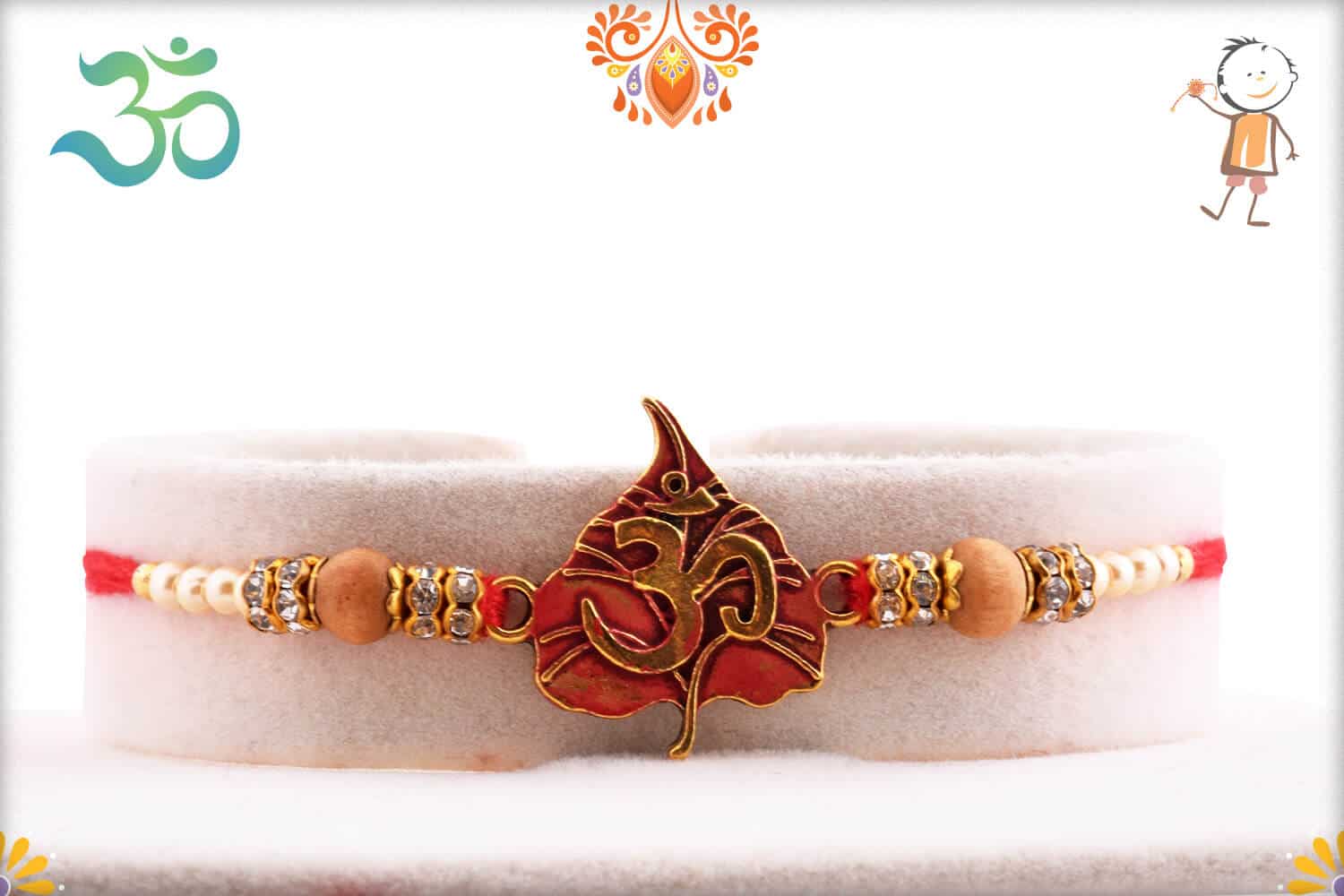 Om with Beautiful Leaf Pearl Rakhi | Send Rakhi Gifts Online 1