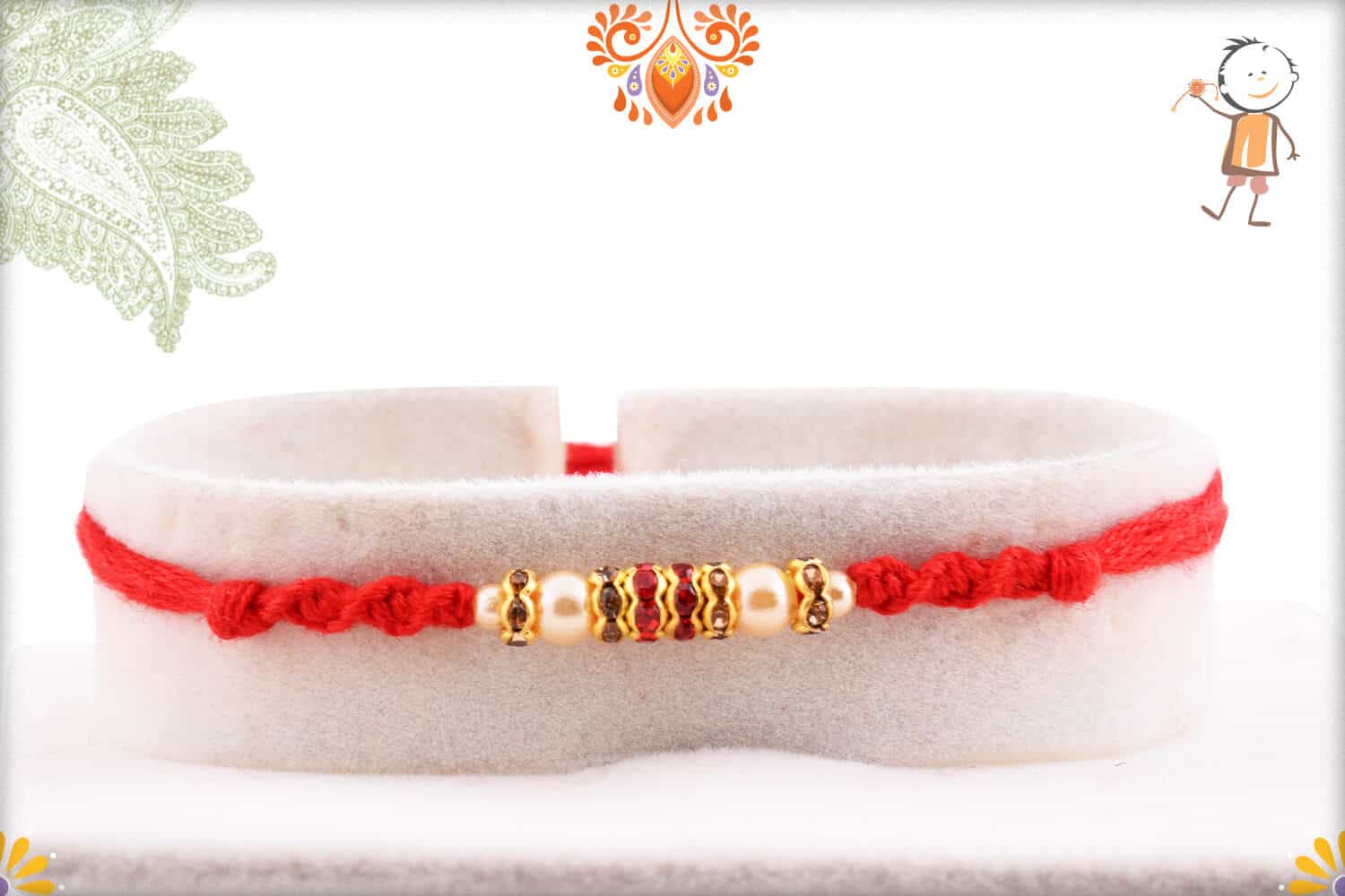 Pearl and Diamond Rakhi with Handcrafted Red Thread | Send Rakhi Gifts Online 1