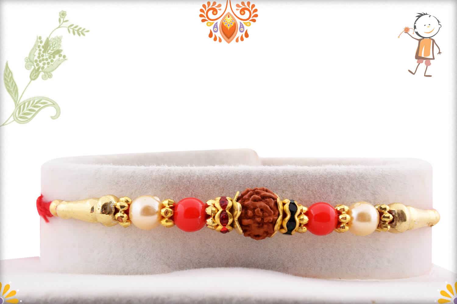 Elegant Rudraksh Rakhi with Red Beads and Pearls | Send Rakhi Gifts Online 1