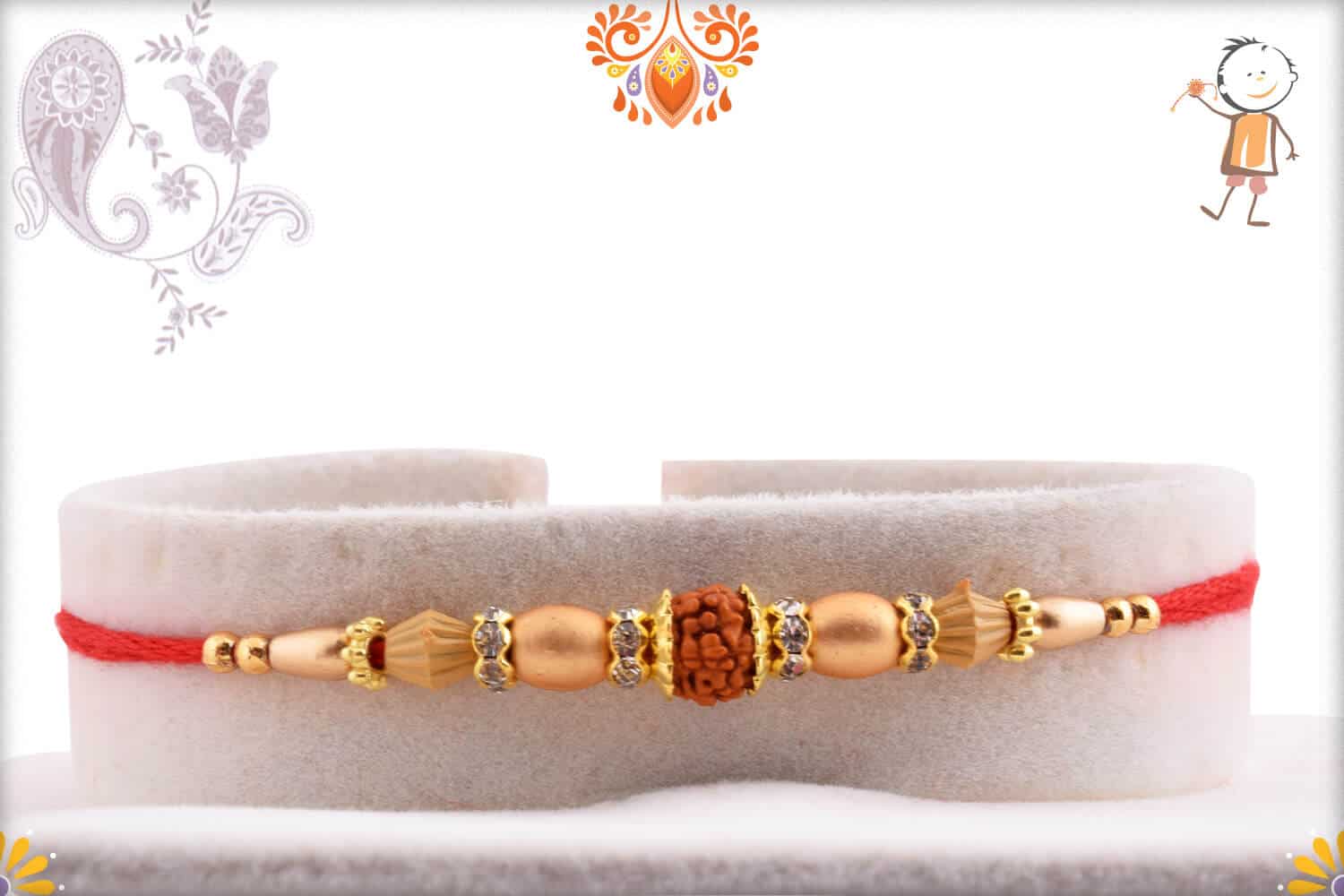 Single Rudraksh Rakhi with Red-Rose Beads | Send Rakhi Gifts Online 1