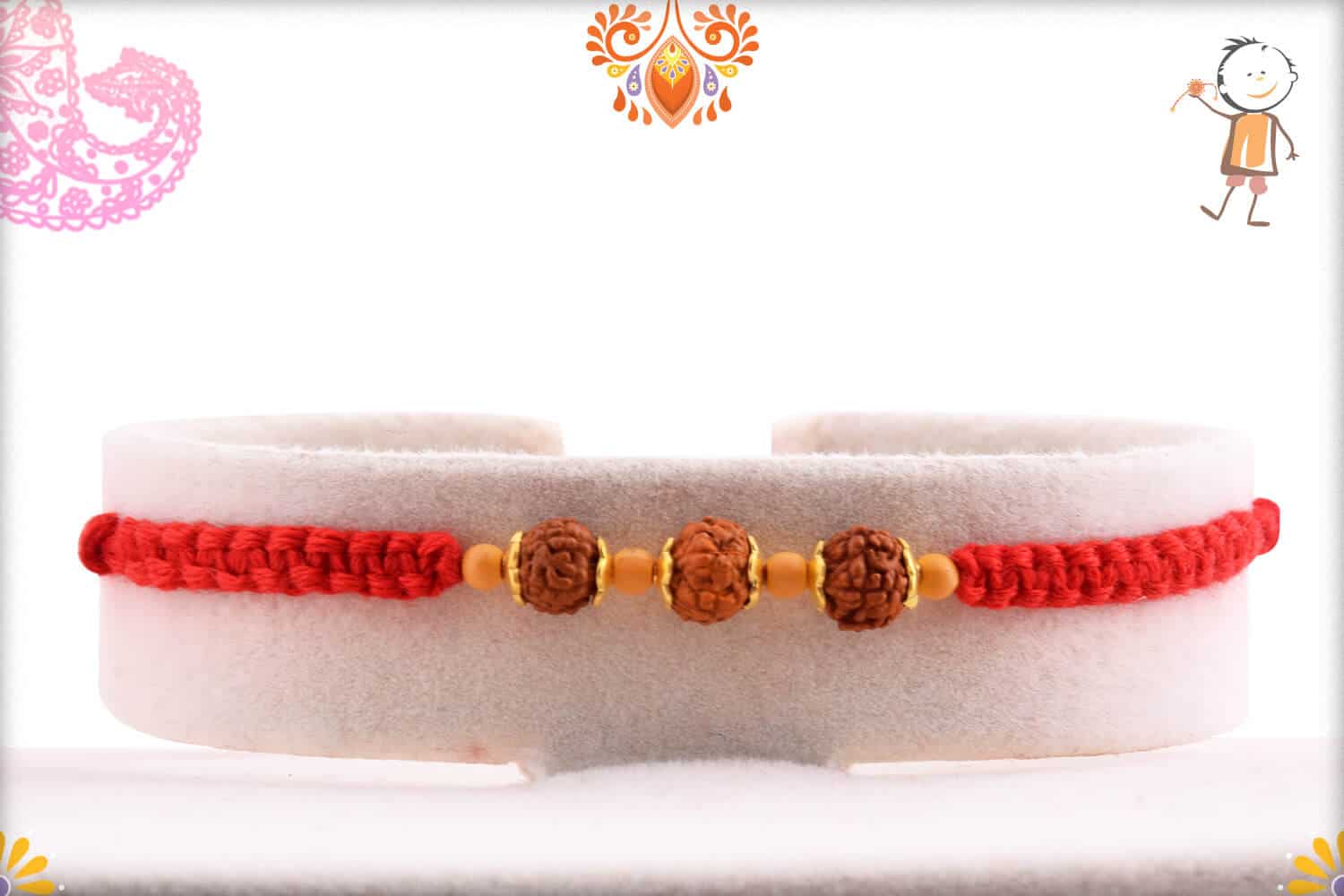 Three Rudraksh and Sandalwood Beads Rakhi with Beautifully Handcrafted Thread | Send Rakhi Gifts Online 1