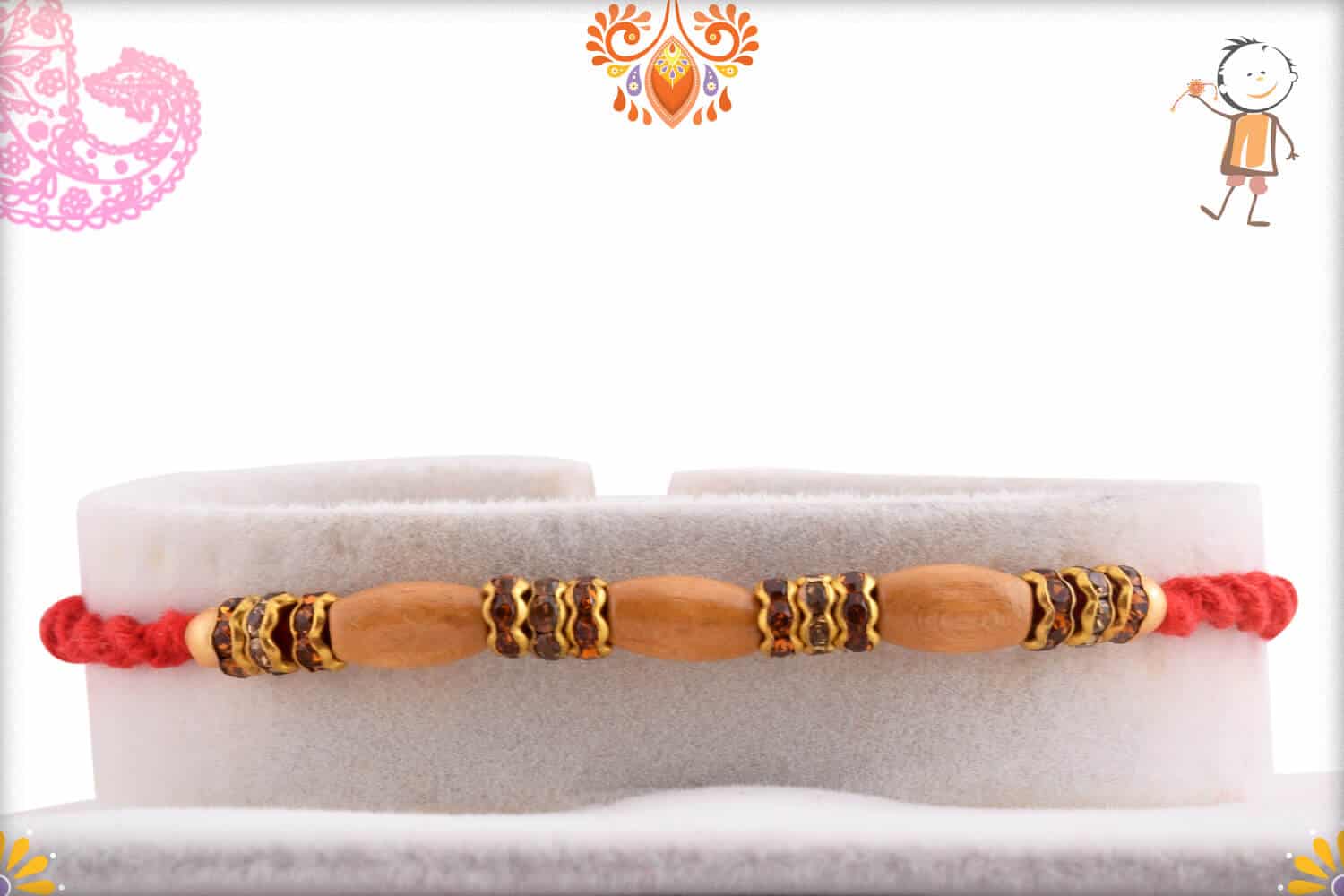 Oval Sandalwood Beads with Diamond Rings Rakhi | Send Rakhi Gifts Online 1