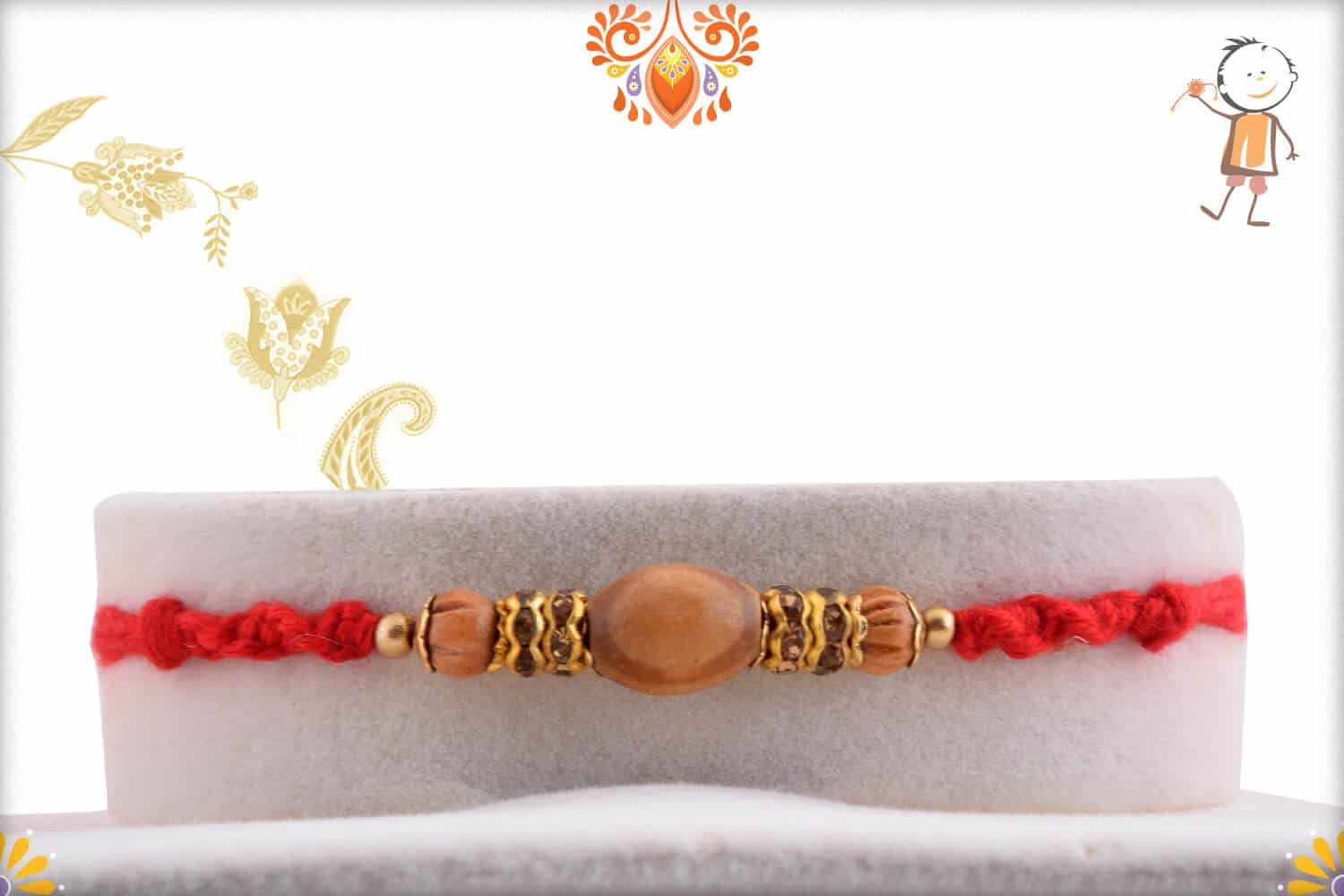 Handcrafted Oval Sandalwood Beads with Diamond Rakhi | Send Rakhi Gifts Online 1