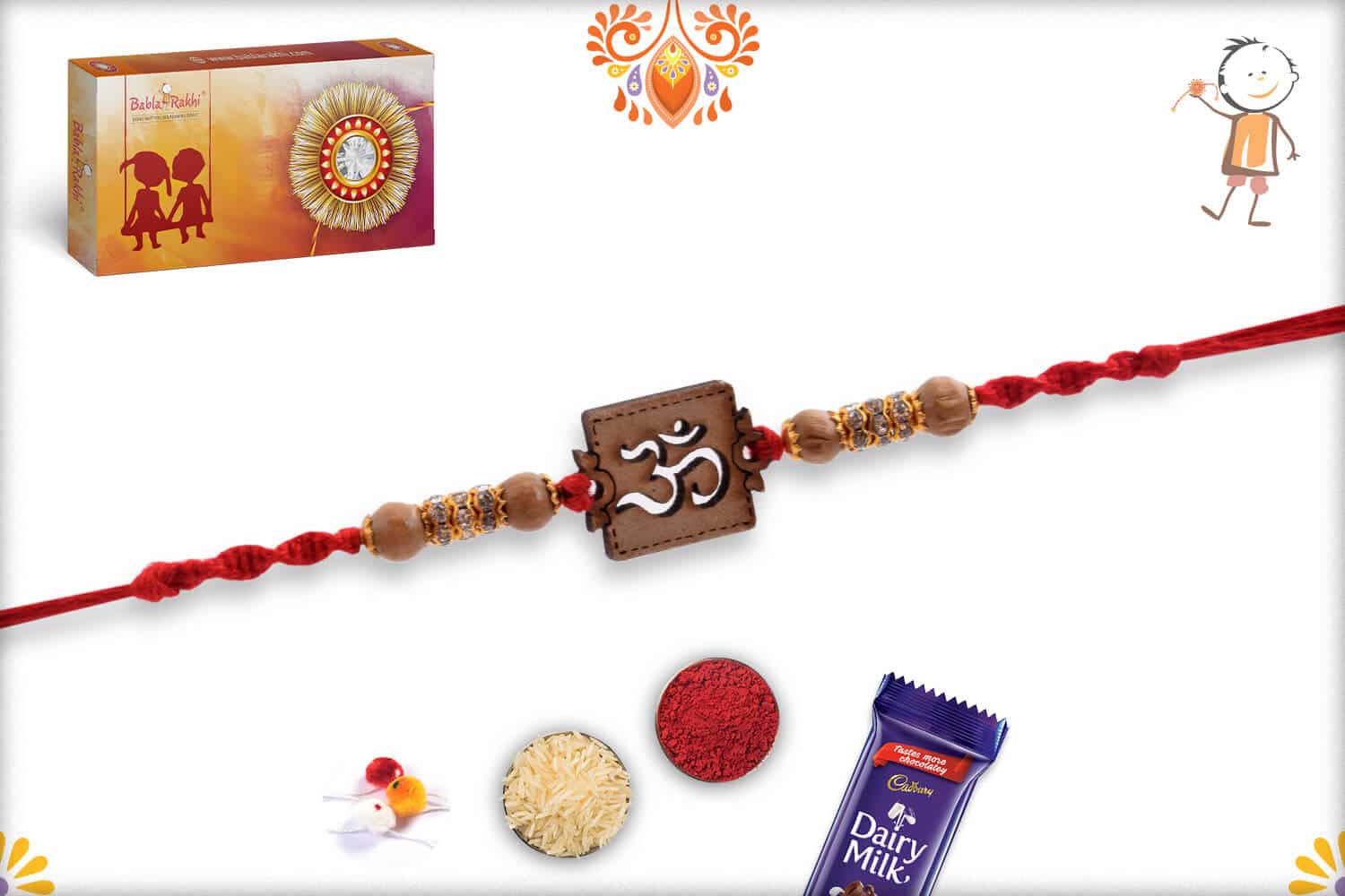Wood Engraved OM Rakhi with Diamond and Sandalwood Beads | Send Rakhi Gifts Online 2