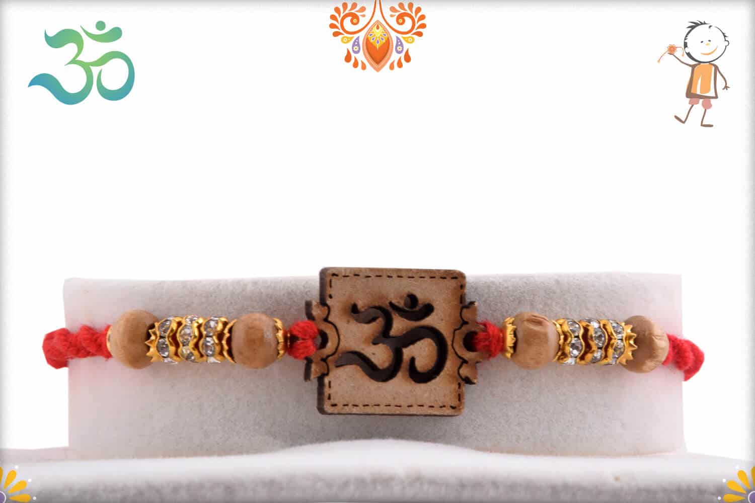 Wood Engraved OM Rakhi with Diamond and Sandalwood Beads | Send Rakhi Gifts Online 1