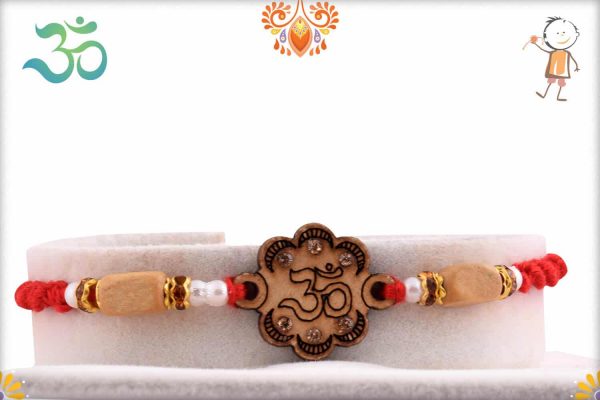 Wood Engraved OM Sandalwood Diamond Rakhi | Send Rakhi Gifts Online