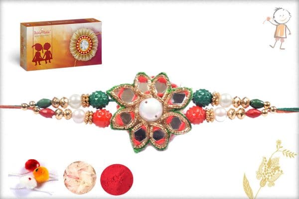 Mirror Work Traditional Rakhi With Pearls