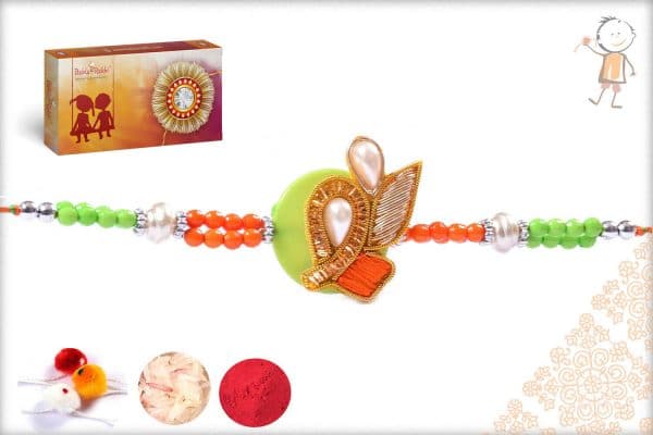 Premium Green-Orange Traditional Zardosi Rakhi