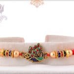 Meenakari Peacock Rakhi with Golden Beads 3