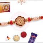 Stunning Meenakari OM Rakhi with Pearls and Red Beads 4