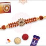 Attractive Diamond Rakhi with Rudraksh and Golden Beads 4
