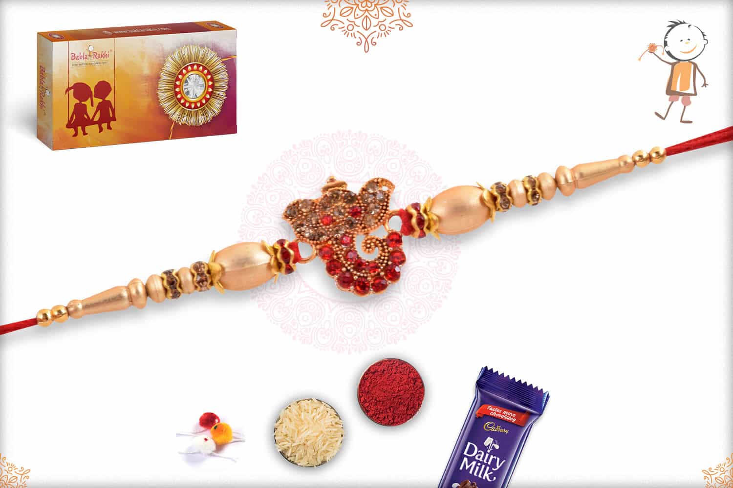 Ganeshji Rakhi with Red Diamonds and Golden Beads 2