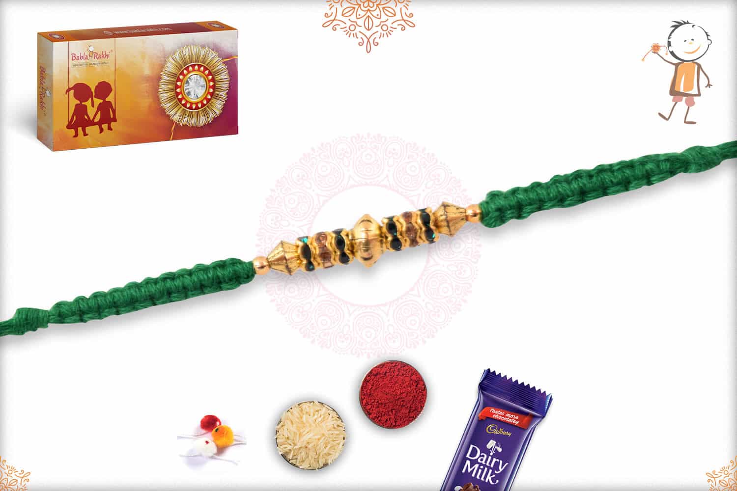 Diamond Rakhi with Uniquely Knotted Green Thread 2