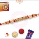 Glowy Diamond Rakhi with Pearls and Golden Beads