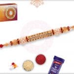 Glowy Diamond Rakhi with Pearls and Golden Beads 4