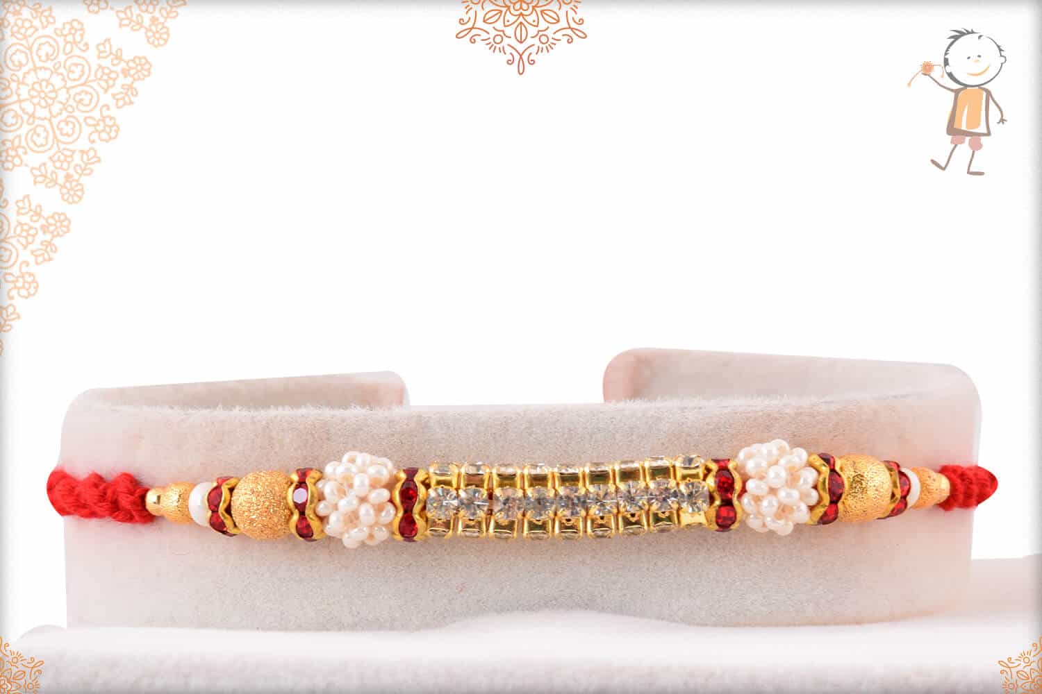 Glowy Diamond Rakhi with Pearls and Golden Beads 1