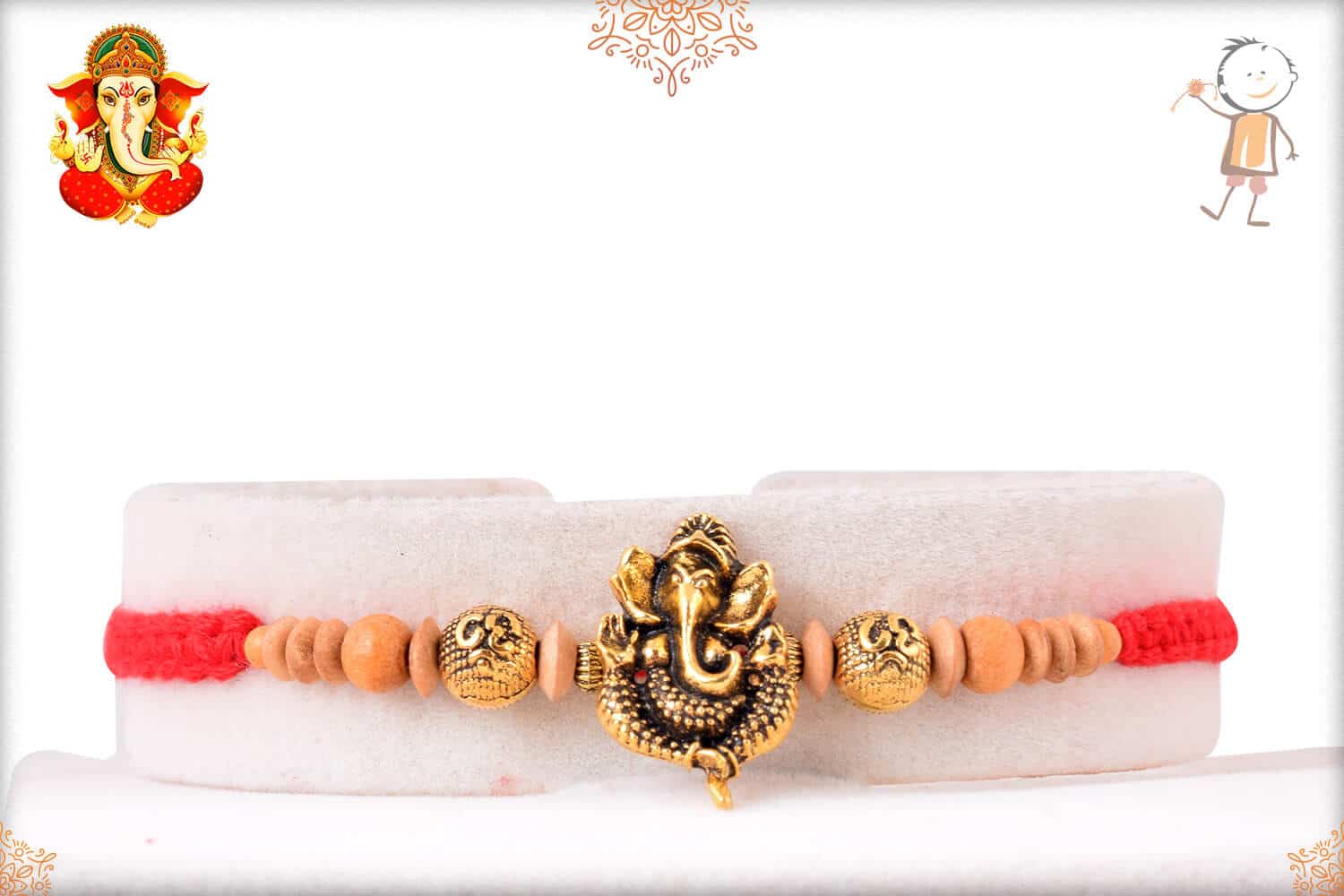 Antique Ganesh Rakhi with Golden Om and Sandalwood Beads 1