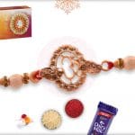 Rose Gold OM Rakhi with Handcrafted Red-Green Thread 4
