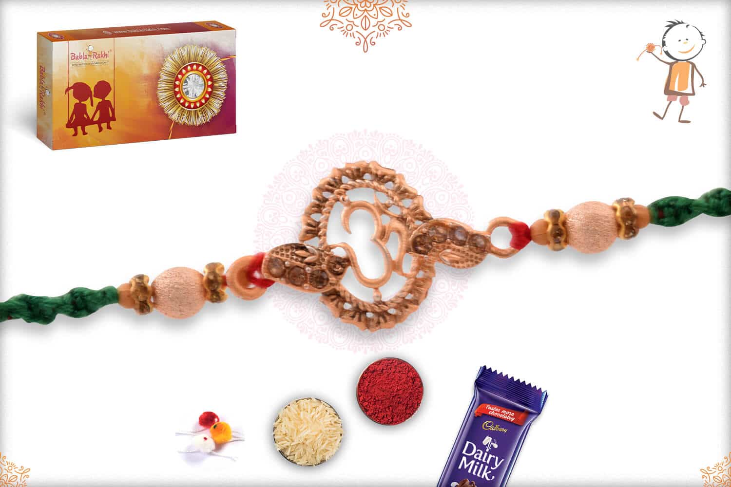 Rose Gold OM Rakhi with Handcrafted Red-Green Thread 2
