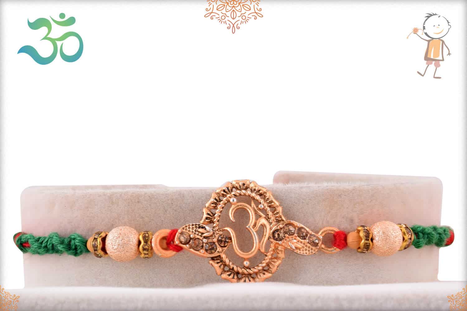 Rose Gold OM Rakhi with Handcrafted Red-Green Thread 1