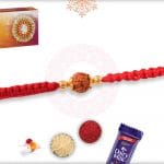 Uniquely Knotted Single Rudraksh Rakhi with Designer Golden Beads 4