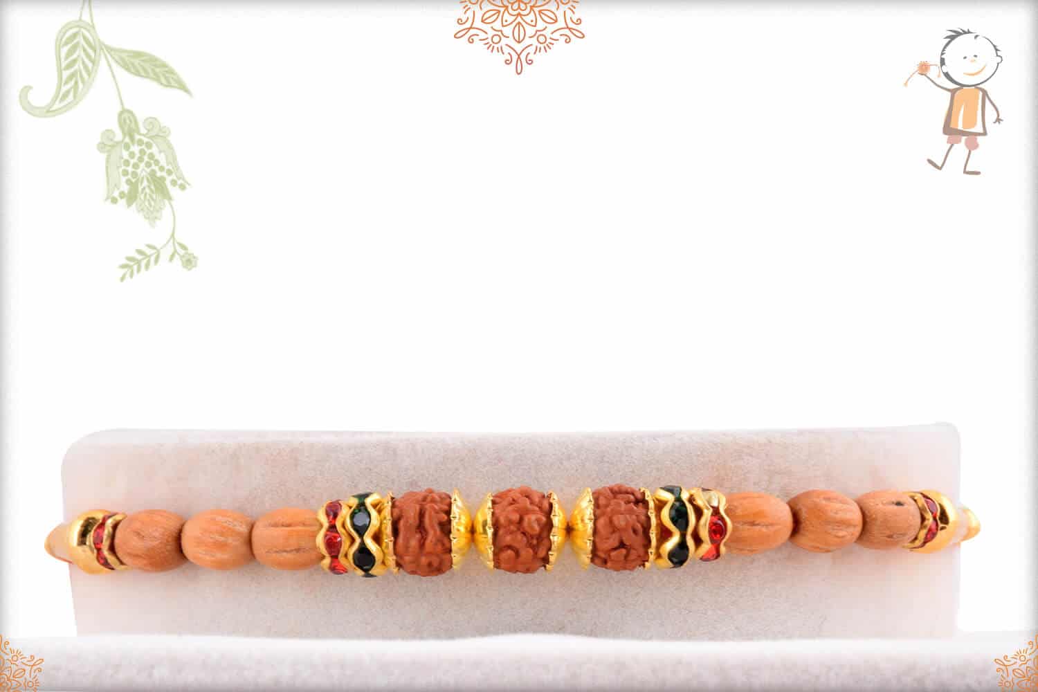 Handcrafted Sandalwood Beads with Three Rudraksh Rakhi 1