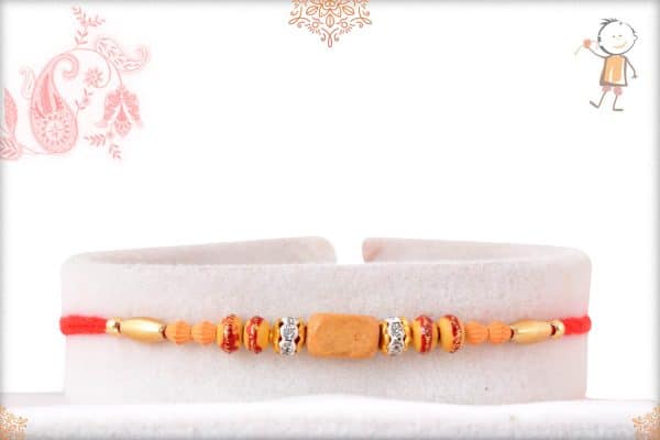 Traditional Sandalwood Bead Rakhi with Diamonds