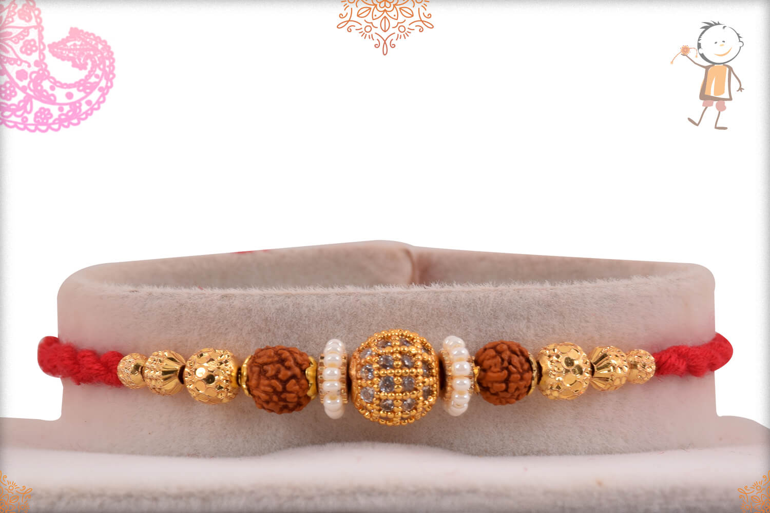 Royal Diamond Ball Rakhi with Rudraksh with Golden Beads - Babla Rakhi