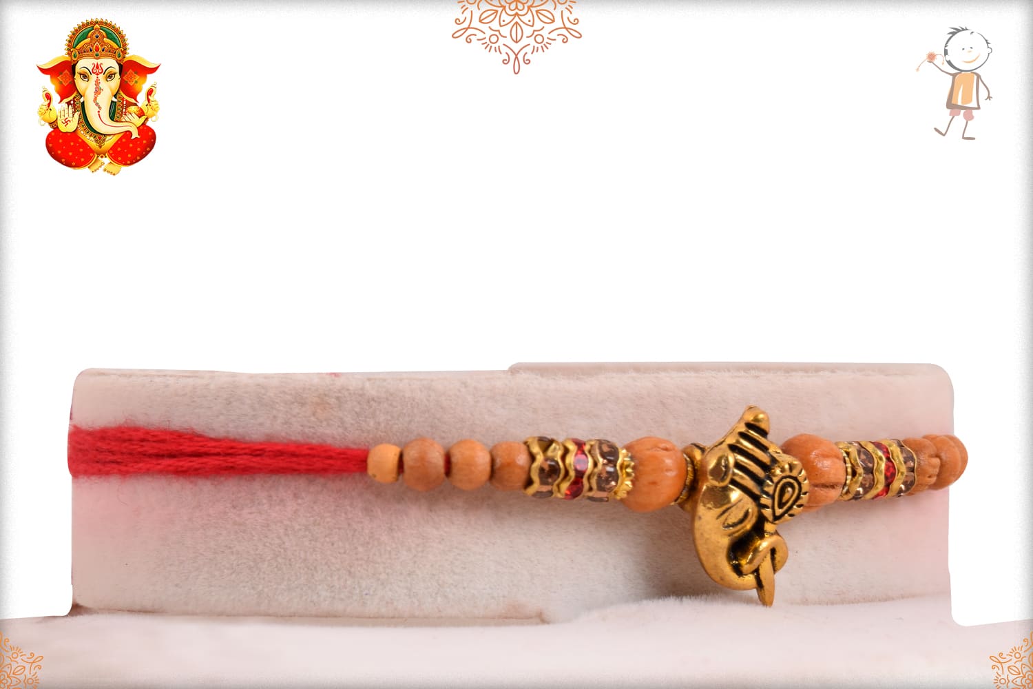 Divine Golden Ganeshji Rakhi with Sandalwood Beads - Babla Rakhi