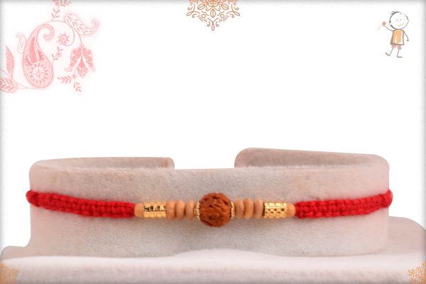 Uniquely Knotted Rudraksh Rakhi with Golden and Sandalwood Beads - Babla Rakhi