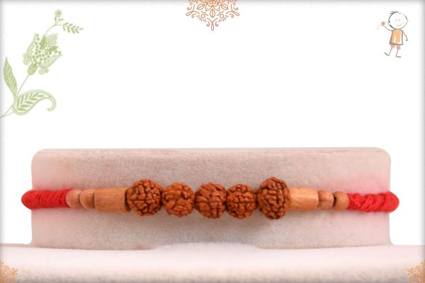 Finely Crafted Five Rudraksh Rakhi with Sandalwood Beads - Babla Rakhi