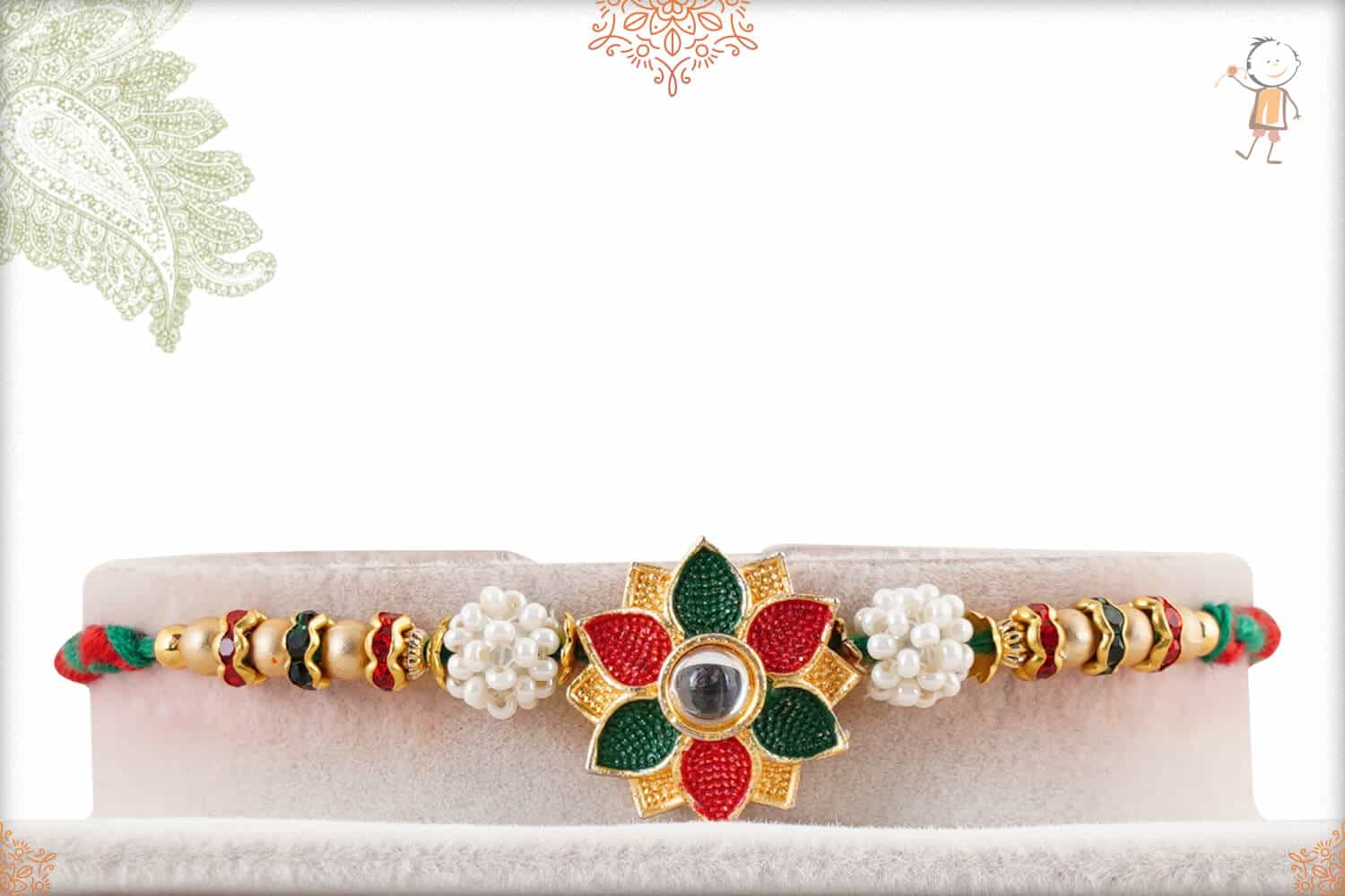Colorful Flower with Pearl Beads and Diamond Rings Rakhi 1