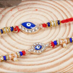 Beautiful Evil Eye Bhaiya-Bhabhi Rakhi with Diamonds and Handcrafted Thread
