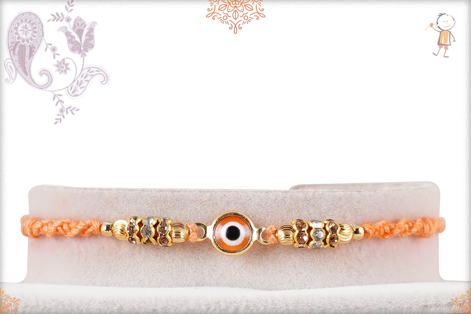Delicate Pastel Orange Evil Eye Rakhi with Diamond Rings 1