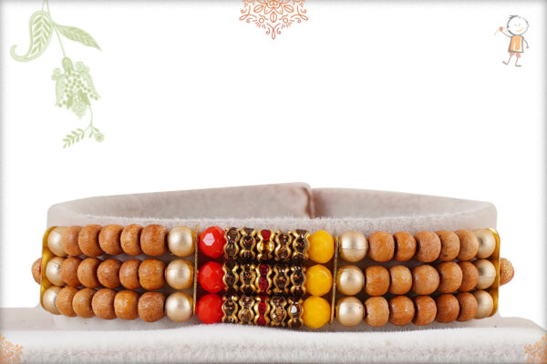 Beautiful 3 Line Sandalwood Beads and Diamond Ring Rakhi