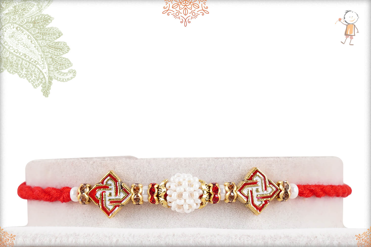 Handcrafted Pearl Rakhi with Designer Beads and Diamond Rings 1