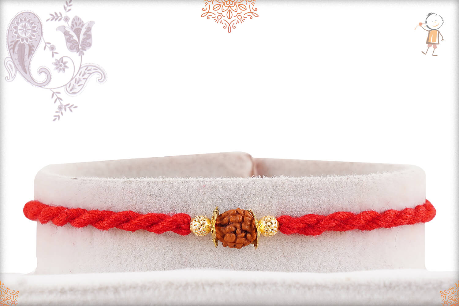 Beautifully Handcrafted Single Rudraksh Rakhi with Golden Beads 1