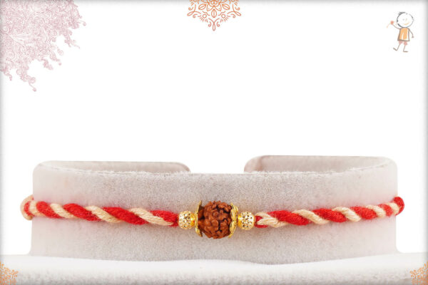 Delicate Single Rudraksh with Designer Golden Bead Rakhi