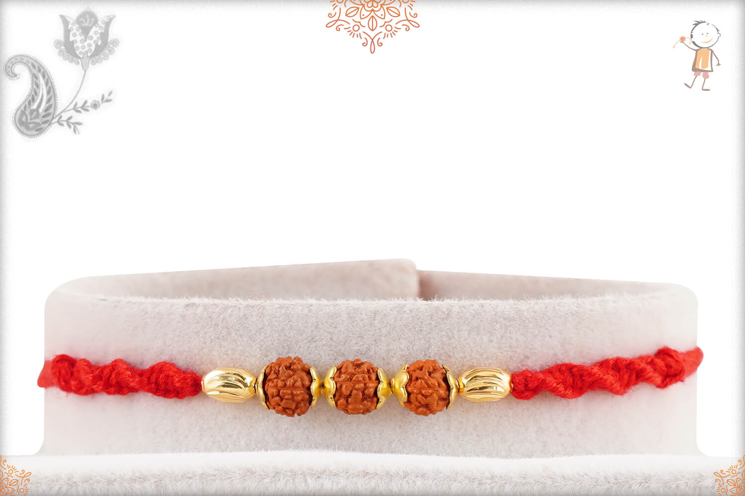Three Rudraksh with Golden Beads Rakhi with Handcrafted Thread 1