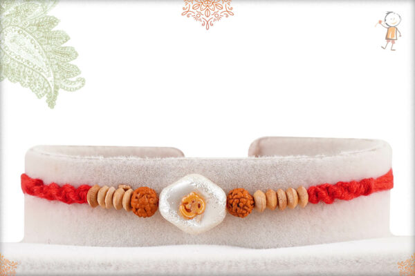 Designer White Bead with OM and Sandalwood Beads Rakhi