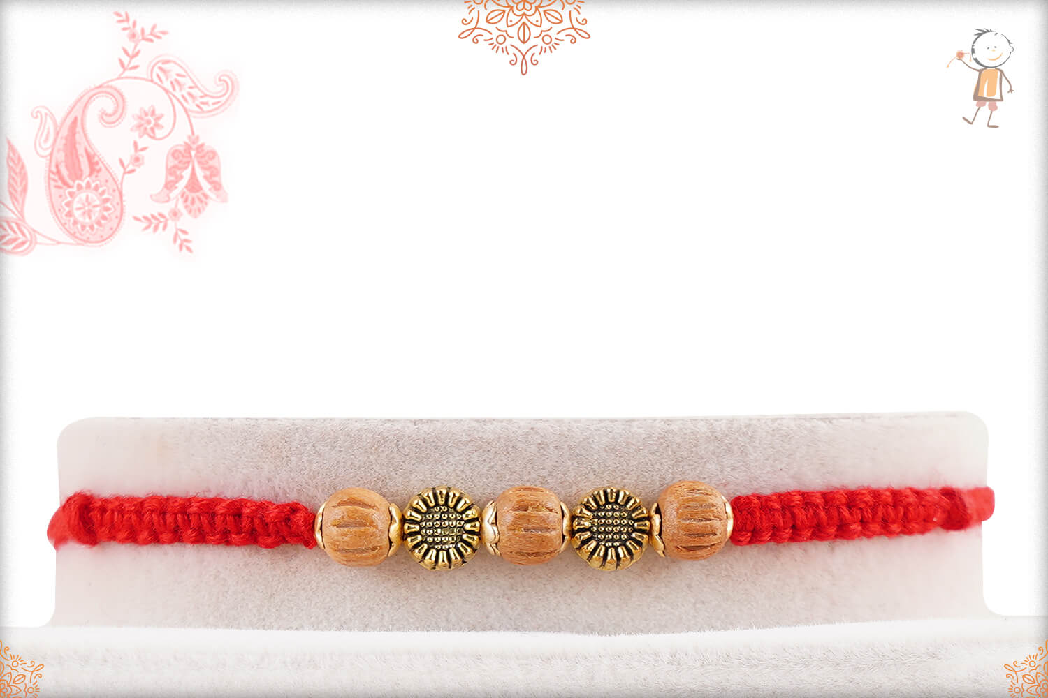 Handcrafted Sandalwood Beads with Golden Beads Rakhi 1