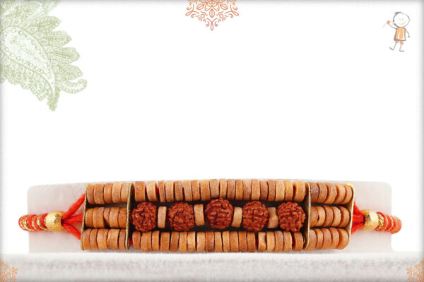 Uniquely Crafted 3 Line Sandalwood Beads with Rudraksh Rakhi