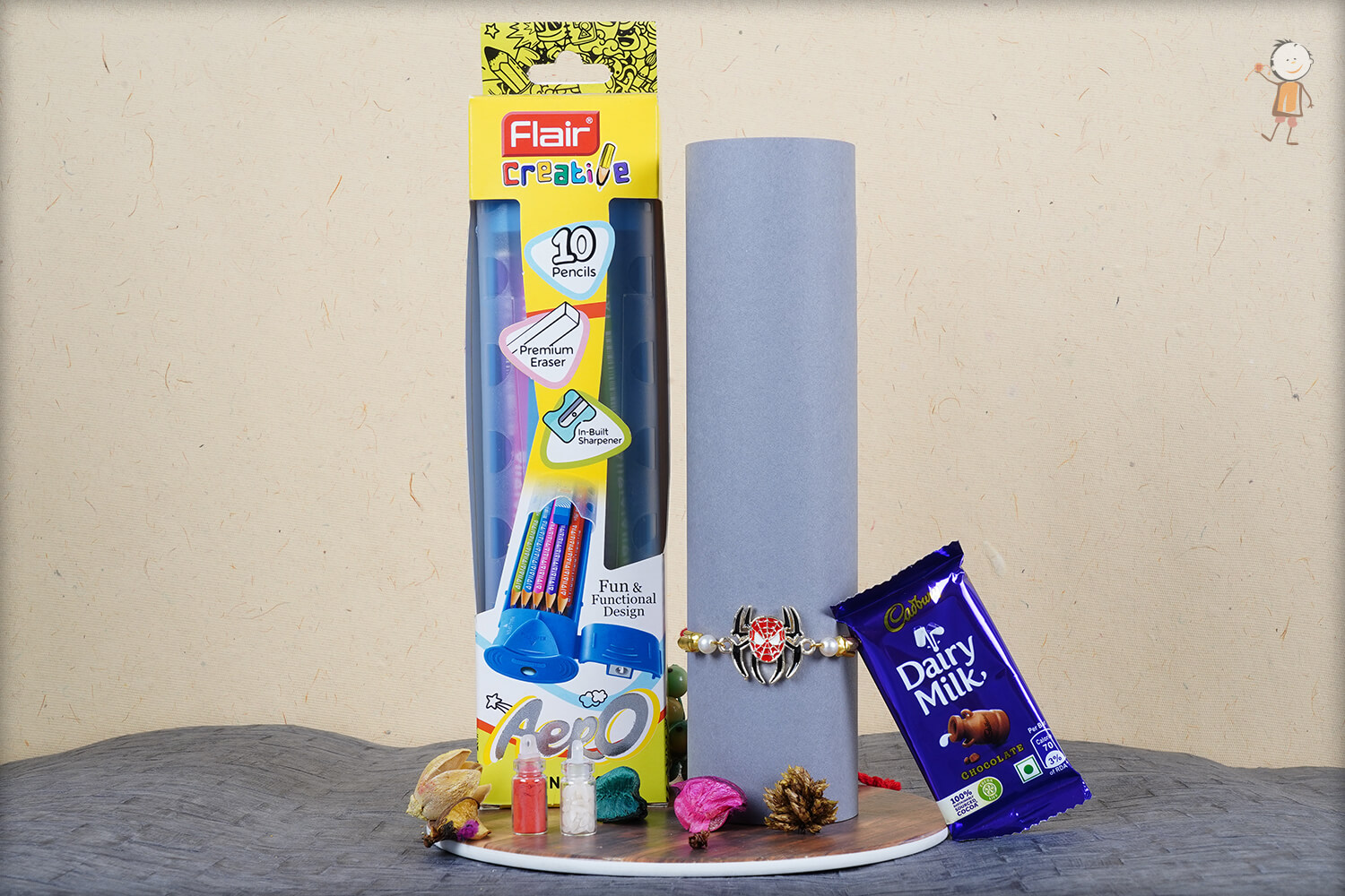 Ready-to-wear Spideman Kids Rakhi with Flair Aero Pencil Kit 1