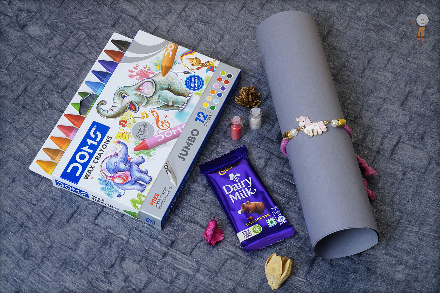 Ready-to-wear Unicorn Kids Rakhi with Doms Jumbo Wax Crayons (12 Shades) 1