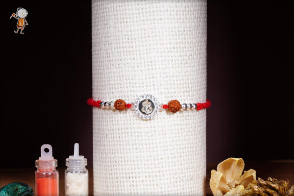 Silver Diamond Ganesh Rakhi with Rudraksh